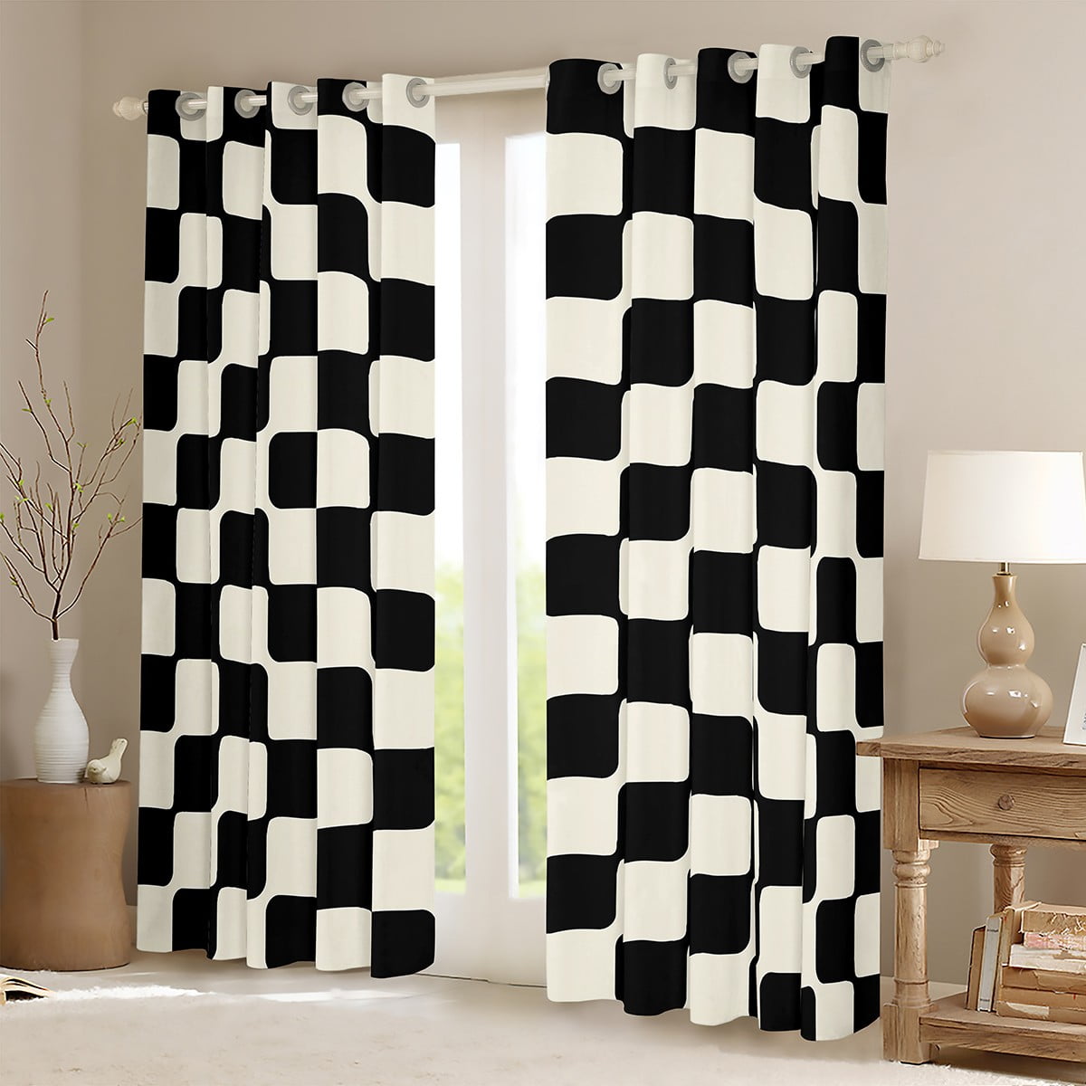 Manfei Geometric Grid Curtains Pack of 2 (38x45),Minimalism Aesthetic Black Out Curtains,Black Beige Lightweight Bedroom Decoration