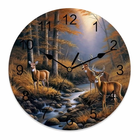 Wall Clock 14 Inch Fall Forest Rustic Deer Round Silent Decorative Wall Clocks Battery Operated for Living Room Bedroom Kitchen Classroom Decor, Nature Creeks Rock,Large