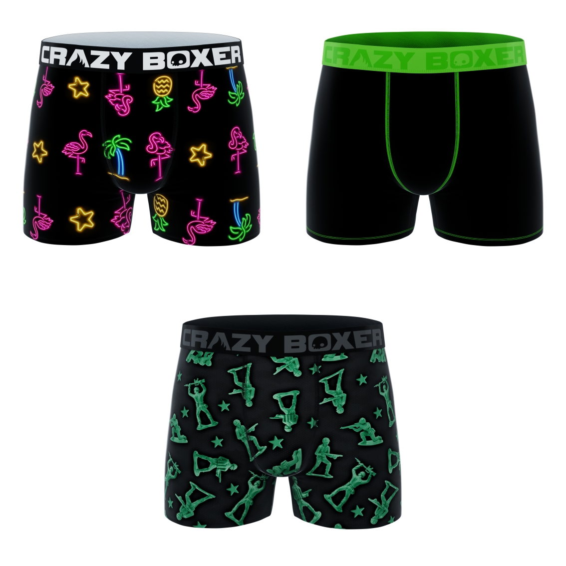 CRAZYBOXER Premium Army And Flamingo; Men's Boxer Briefs, 3 Pack