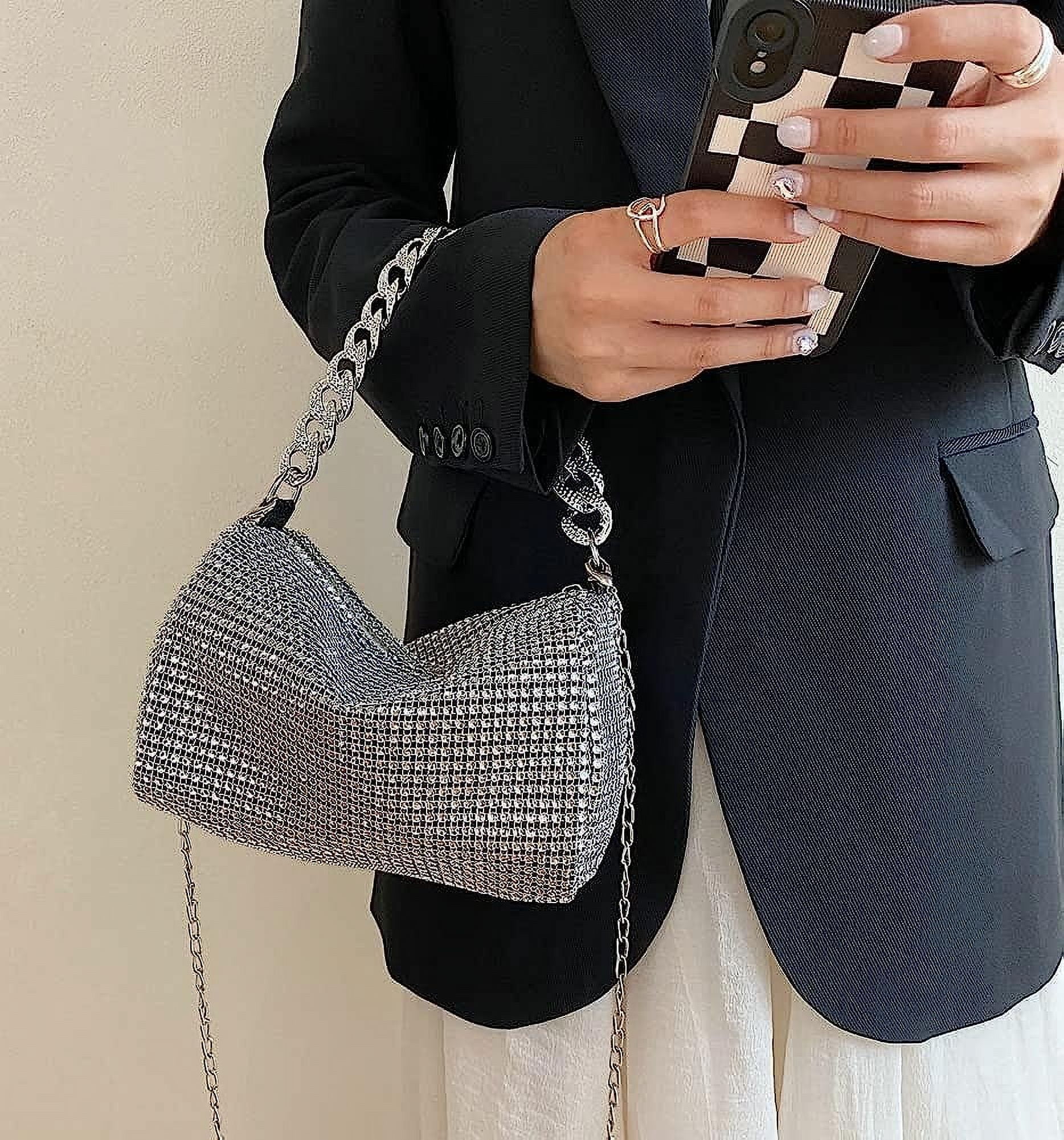 Kukuzhu Rhinestone Clutch for Women Sparkling Chain Evening Handbags Silver Purse Bling Hobo Handbag for Wedding Cocktail Party
