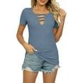 thumbnail image 1 of Women's Summer Fashion Short Sleeve V-Neck Ribbed Solid Casual T-Shirt with Mesh Panel, 1 of 4