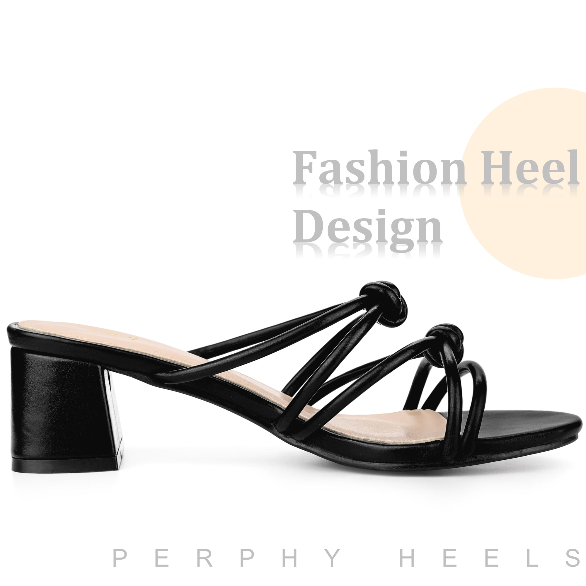 DARING DIVA Women's Strappy Knotted Block Heel Black Heels Slides Sandals Black 6.5