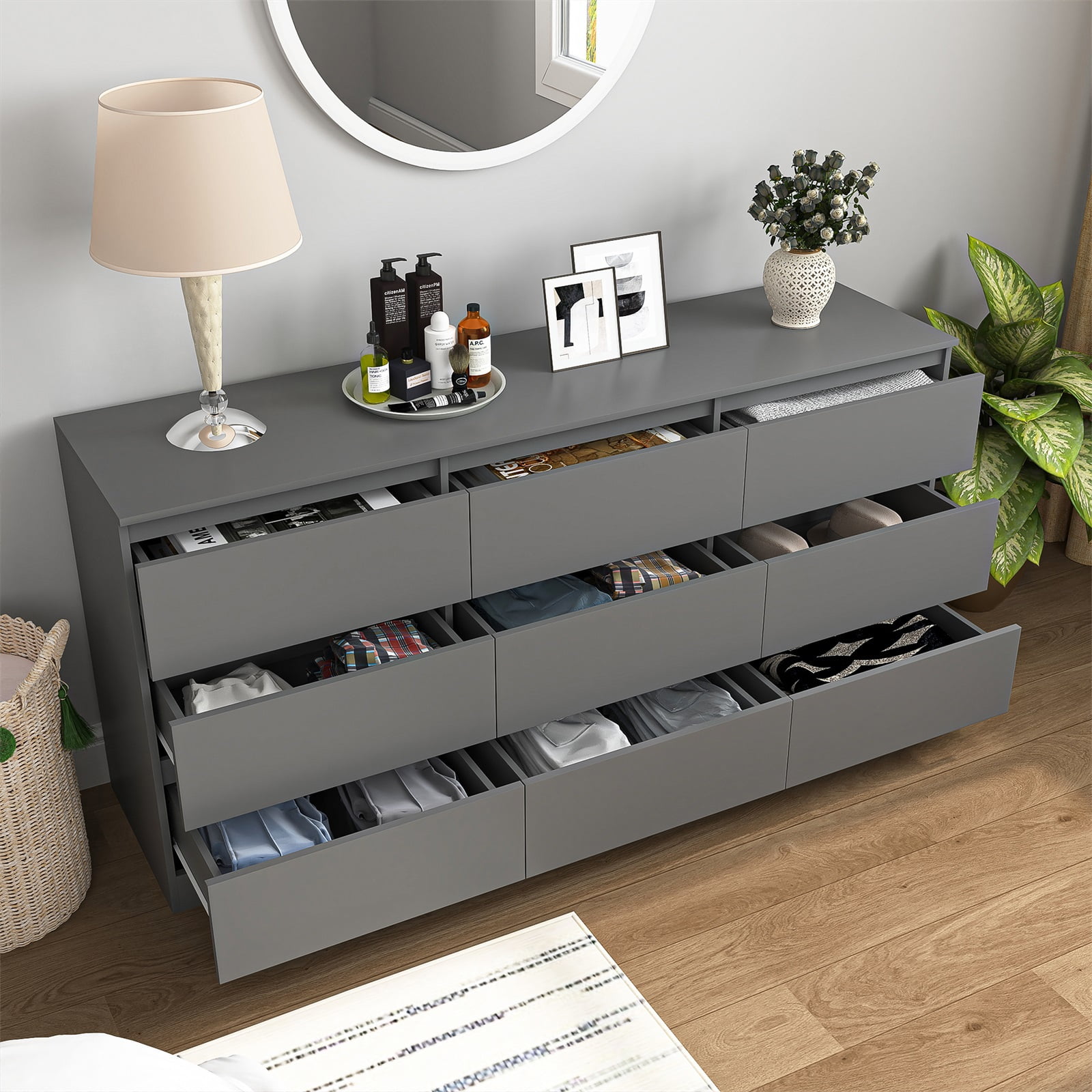Hommoo Gray 9 Drawer Dresser, Wood Modern Storage Cabinet Dresser Organizer, Chest of Drawers for Living Room, Closet, Hallway, Nursery