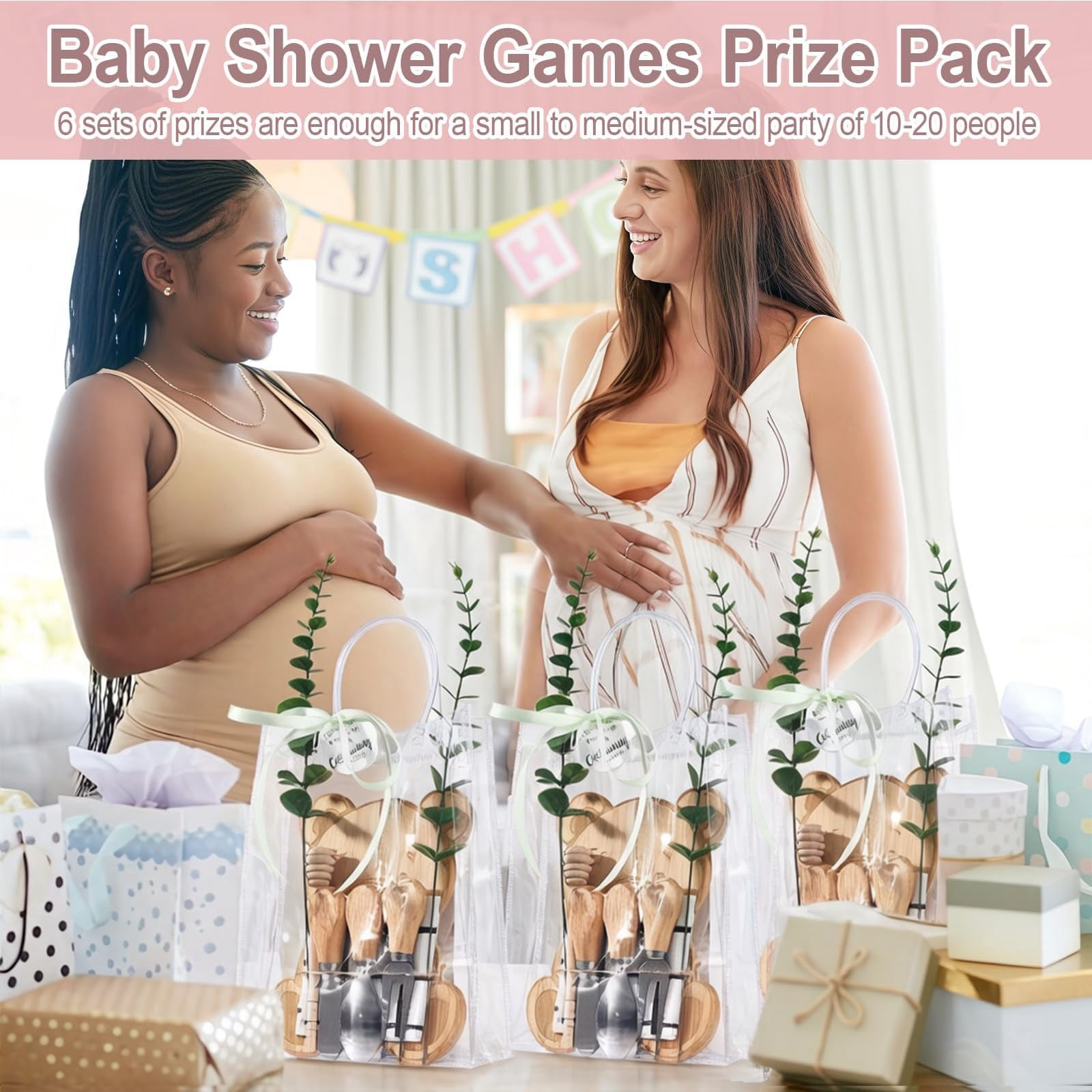 62 Pcs/6 Set Baby Shower Prizes for Game Winners, Bear Bamboo Cheese Board Gift for Guest with Knives Fork Spoon, Honey Sticks, Tablecloth, Eucalyptus Stem, Gift Bag, Bridal Shower Party Favors
