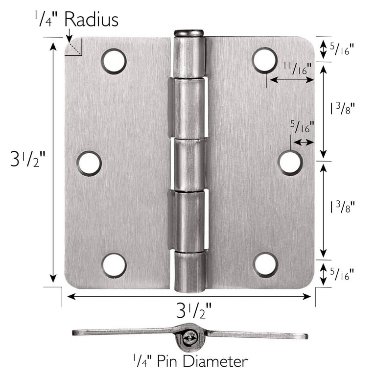 3.5 in. x 1/4 in. Radius Satin Nickel Round Hinges (3 per Pack) 3.5 in. x 1/4 in. Radius Satin Nickel Round Hinges (3 per Pack)