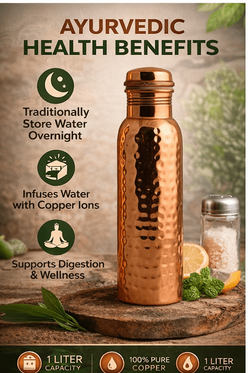 Mayur Exports 100% Pure Copper Water Bottle 1 Liter – Hammered Design, Leak Proof Cap, Ayurvedic Health Benefits, Reusable Metal Drinking Bottle for Home, Office & Travel