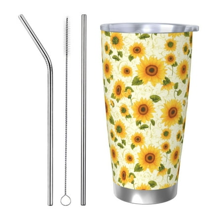 

Gukieu European-style Pattern Sunflower Print 20OZ Car Cup Vacuum Stainless Steel Leak-proof Thermos Cup Unisex Suitable for Home Outdoor and Sports-Straw Three-piece Set