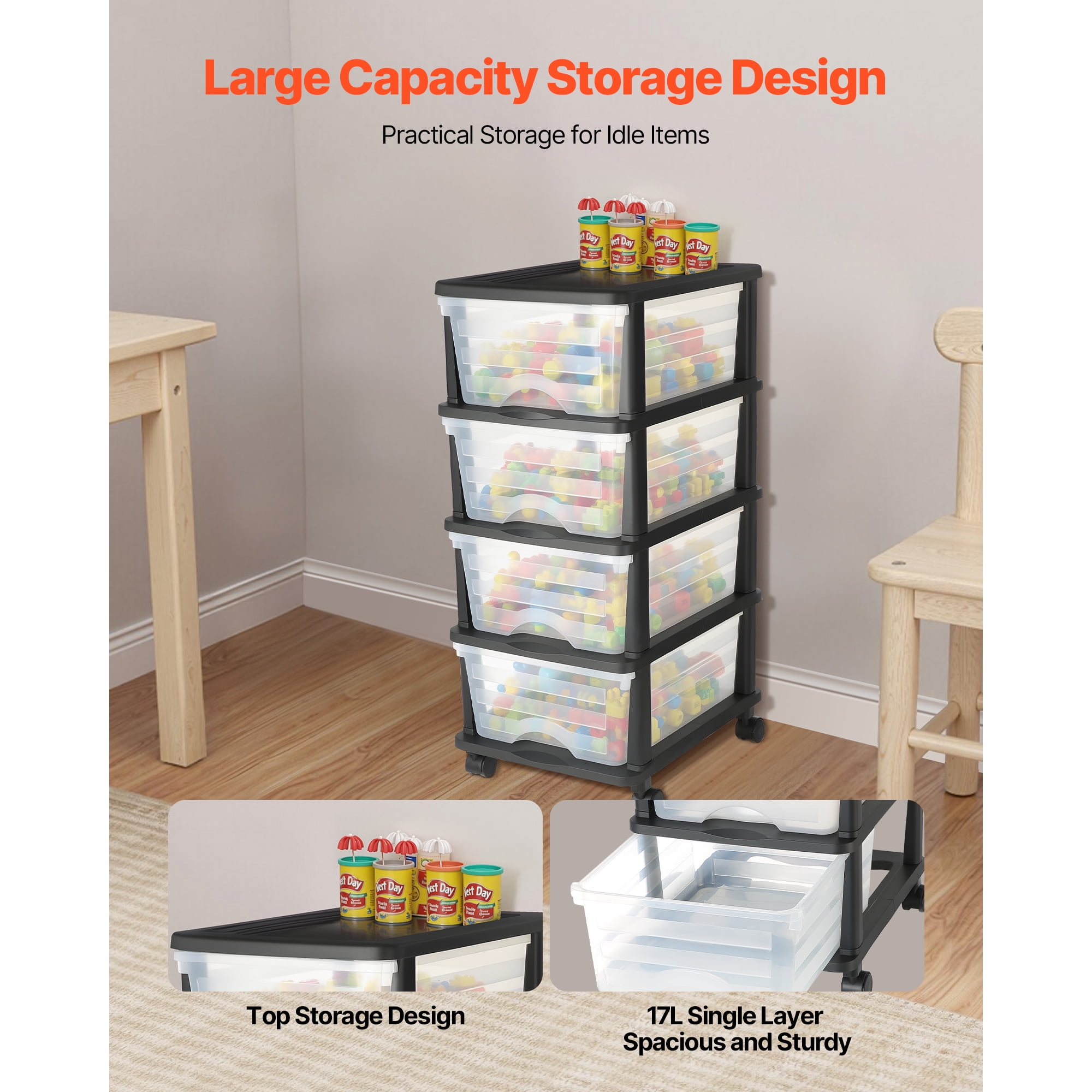 KFFKFF Plastic Storage Drawer Cart with 4 Compartments, Mobile Organizer with Wheels, Rolling Storage Solution for Office Supplies, Crafts, and Classroom Essentials