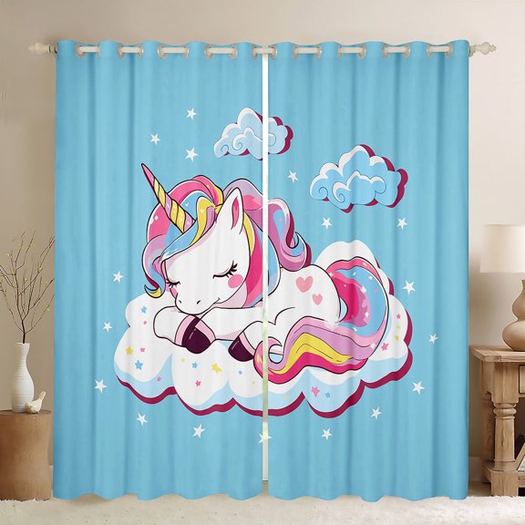 jejeloiu Cartoon Animal Unicorn Black Out Curtains,rainbow Stars Pattern Curtains Pack of 2 (42x63 Each),blue pink white Bedroom Curtains For Child,Lightweight Room Decor