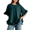 thumbnail image 4 of Yubnlvae Oversized Collared Blouse - Short Sleeve Ruffle Detail Casual Shirt (Breathable Cotton | Relaxed Fit | Button-Front | Everyday Wear) (Dark blue | L), 4 of 7