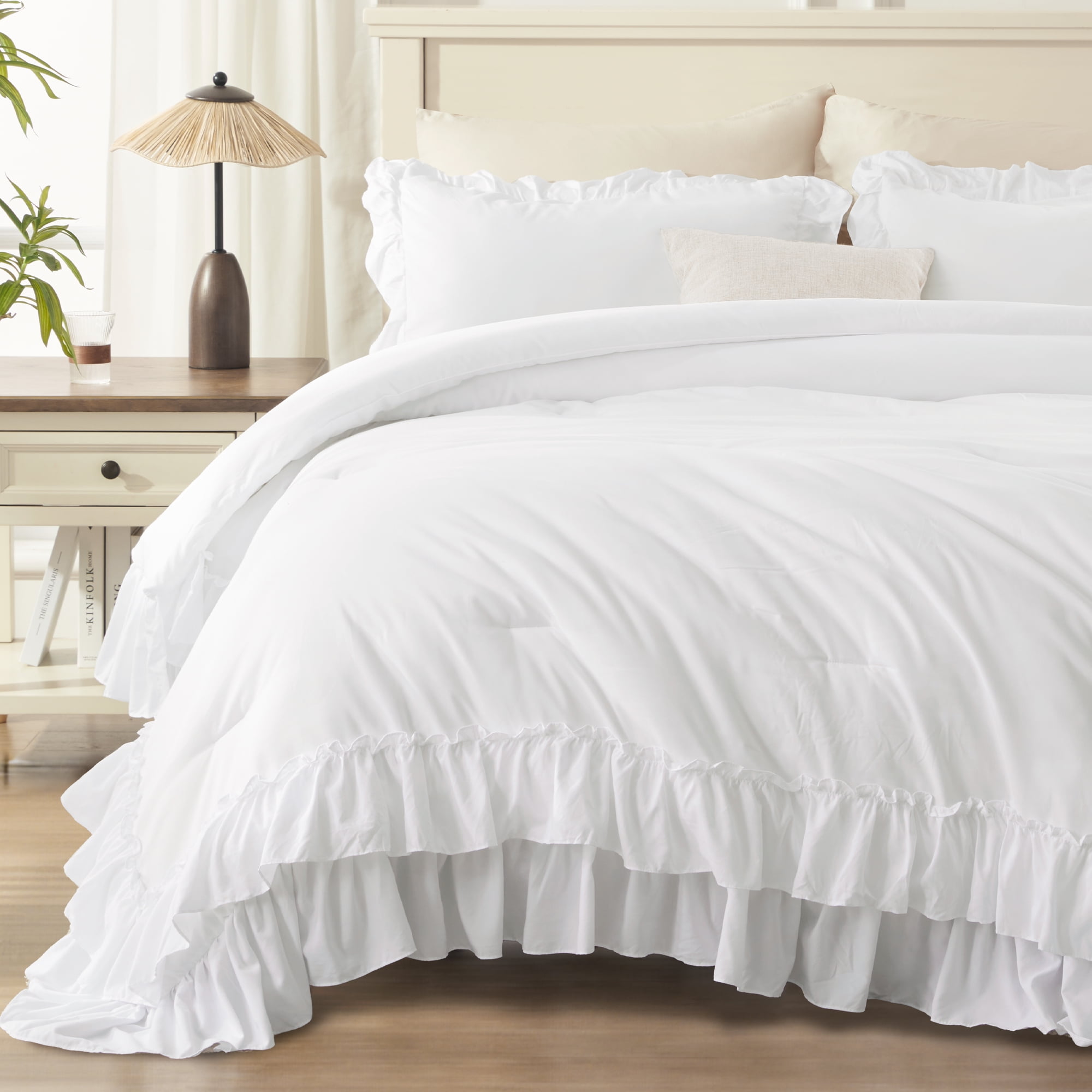 ANGENIA Full Size Comforter Set White - 3 Pieces Soft Cozy Fluffy Ruffle Bedding Comforter Sets, All Season Lightweight Farmhouse Down Alternative Bed Set for Girls Teens Boys Kids
