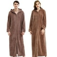 thumbnail image 2 of Winter Men Women Coral Plush Robe Long Zipper Front Hooded Bathrobe Full Length Housecoat Ladies Spa Sleepwear with Pockets, 2 of 8