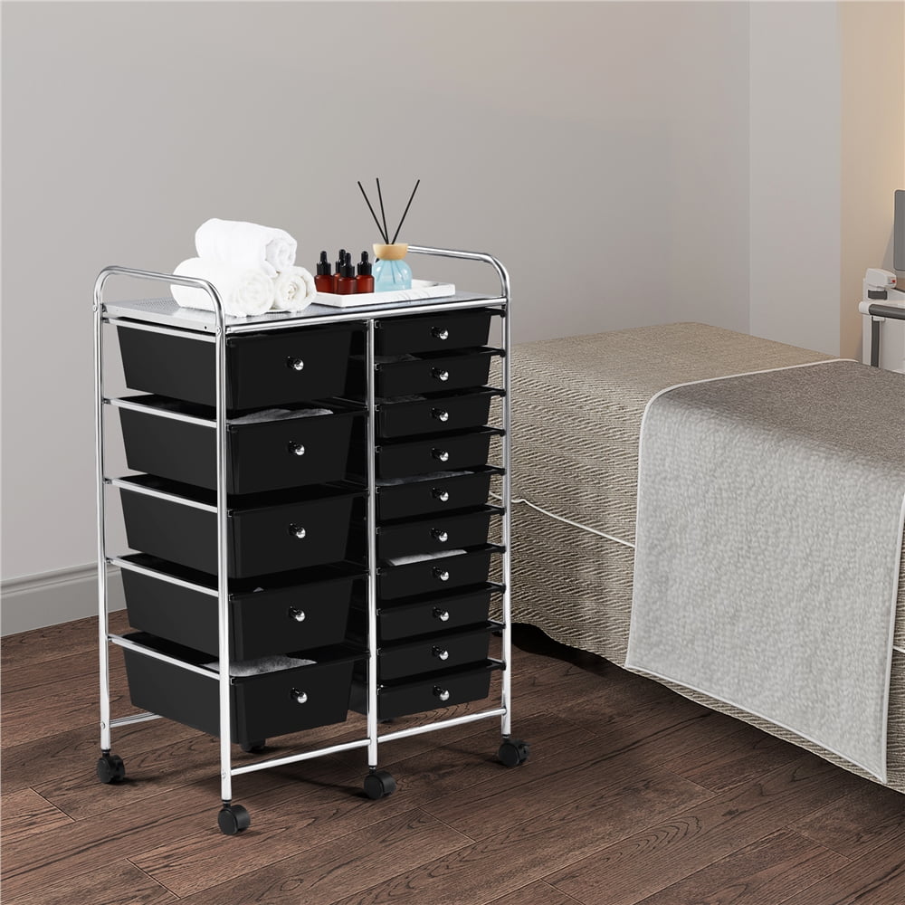 Alden Design 15 Drawers Metal Frame Storage Cart, with Lockable Wheels, Black