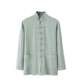 thumbnail image 2 of Ceisia Men's Solid Color Long Sleeve Stand Collar Chinese Knot Button Linen Blend Breathable Double Pocket Casual Shirt Green M Gifts, 2 of 7