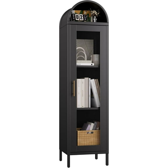 Aobabo 63“H Arch Display Bookcase with Glass Door and 2 Adjustable Shelves, Kitchen Pantry Storage Bookshelf for Dining Room, Home, Office, Kitchen, Study Room, Assembly Required, Black