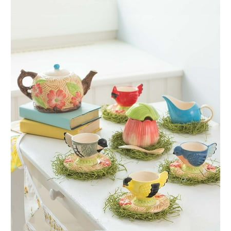 - Ceramic Songbird Kids Tea Set with Teapot, Cups, Saucers, Sugar Bowl & Creamer