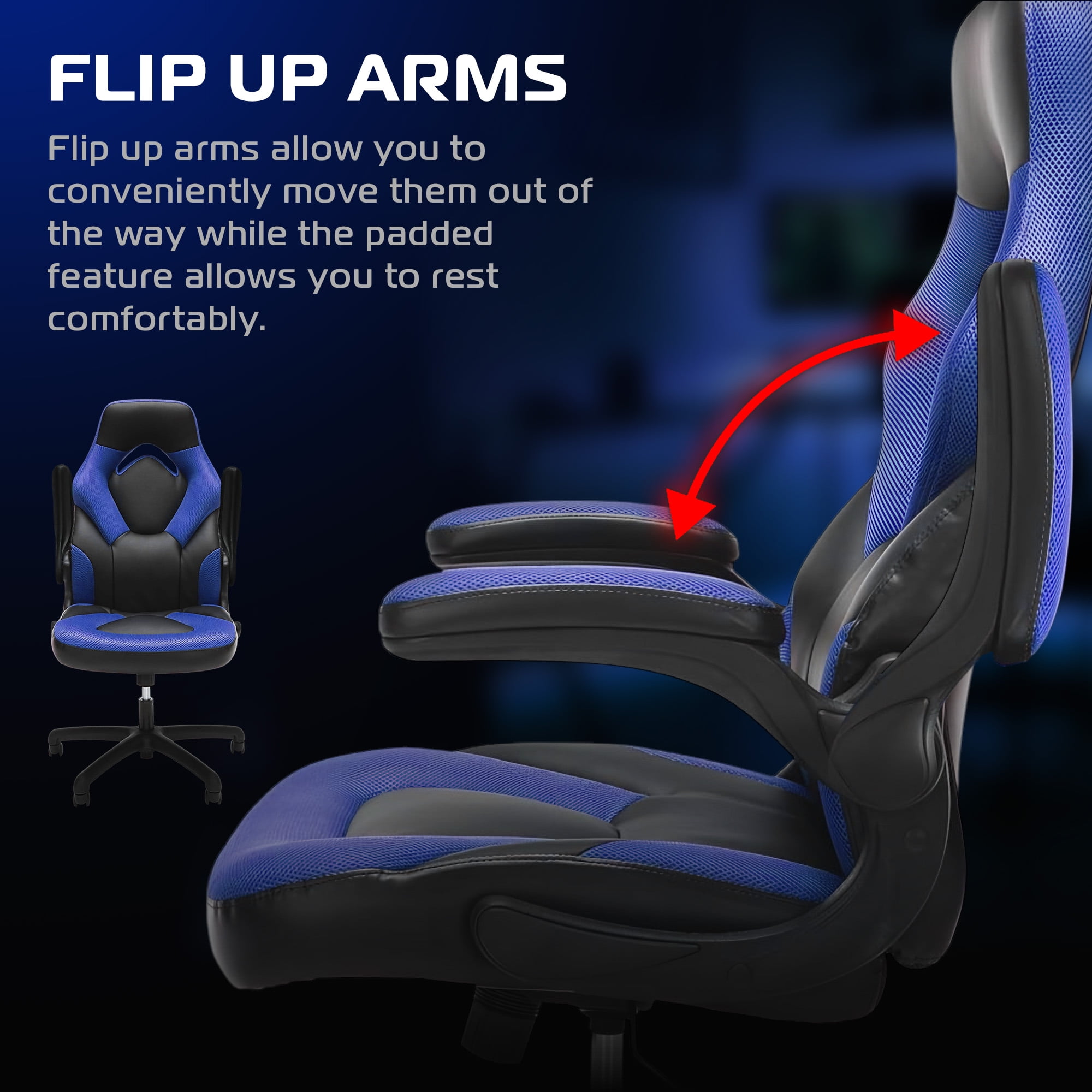 RESPAWN 3085 Ergonomic Gaming Chair for Adults, High Back Office Chair with Headrest and Flip Up Arms, Leather Racing Style Gaming Seat with Lumbar Support, Video Game Computer Desk Seat - Blue