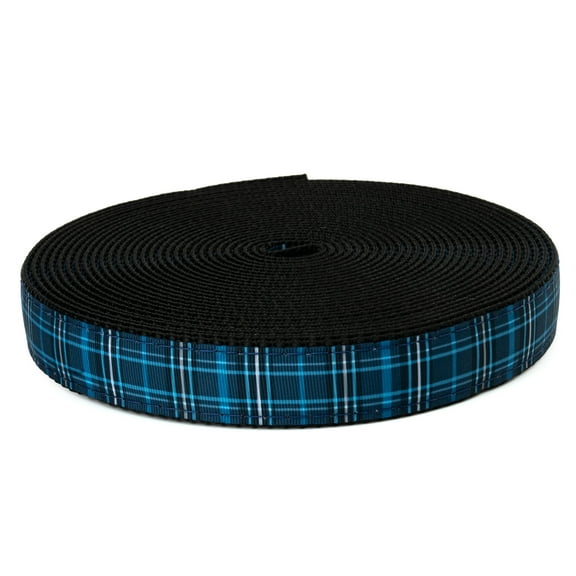 Country Brook Design® 1 Inch Navy Plaid Ribbon on Black Nylon Webbing, 50 Yards