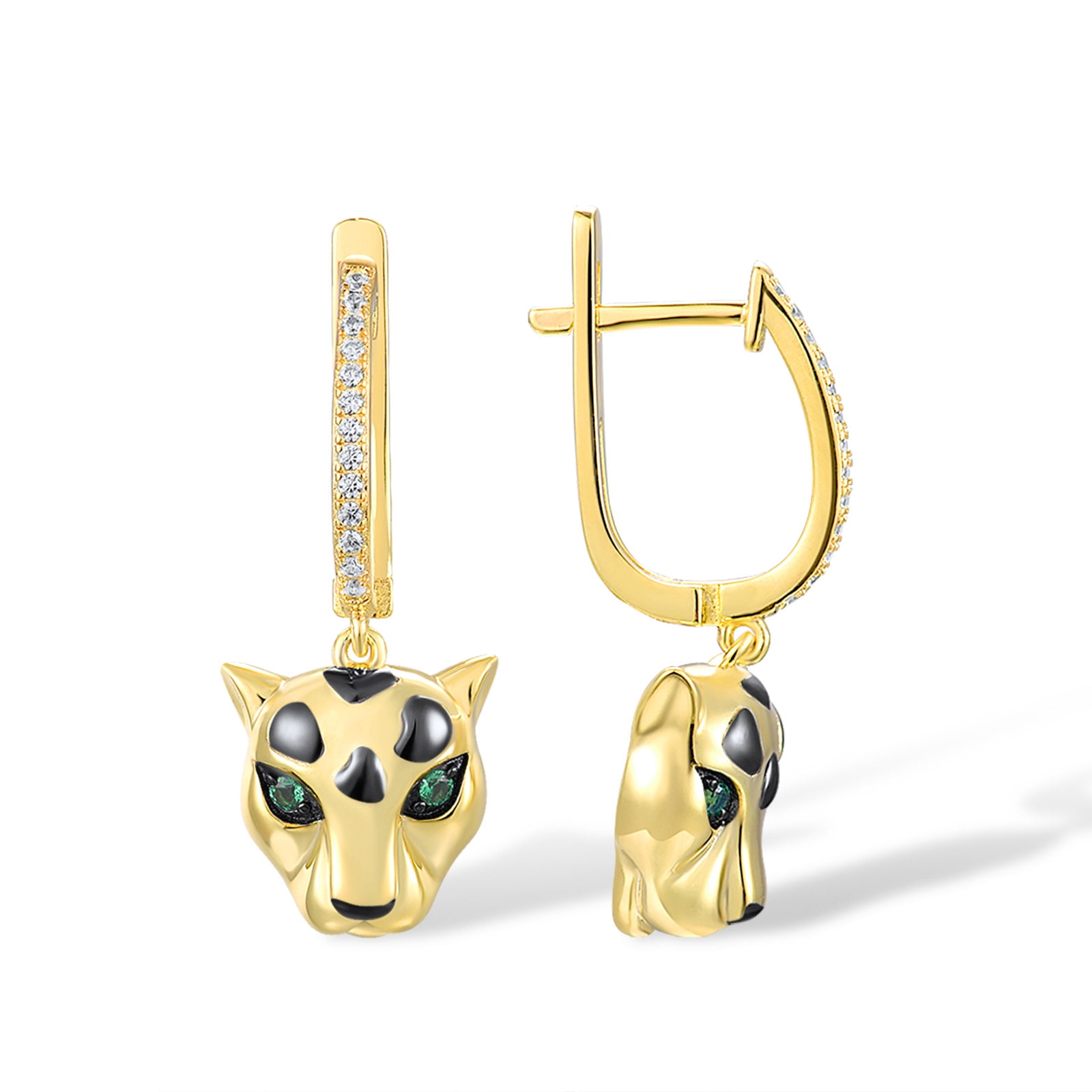Santuzza Sterling Silver Panther Yellow Gold Plating Earrings Green Spinel Cubic Zirconia Leopard Dangle Earrings for Women