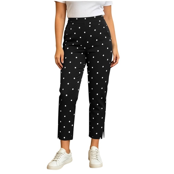 hoksml Women's Polka Dot Cropped Pants High Waist Split Hem Slim Fit Pocket Casual Everyday Trousers