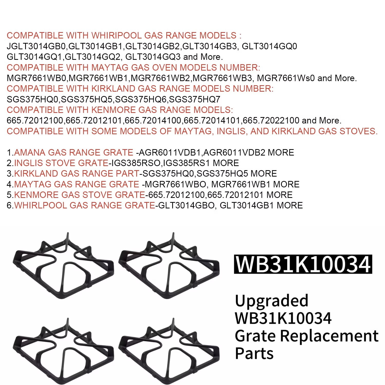 Premium WB31K10034 Gas Range Surface Burner Grates Replacement Parts For GE Stove Parts  Cooktop Parts Cast Iron Gas Stove Rack, Top Burner Rack Sets 4-Pack