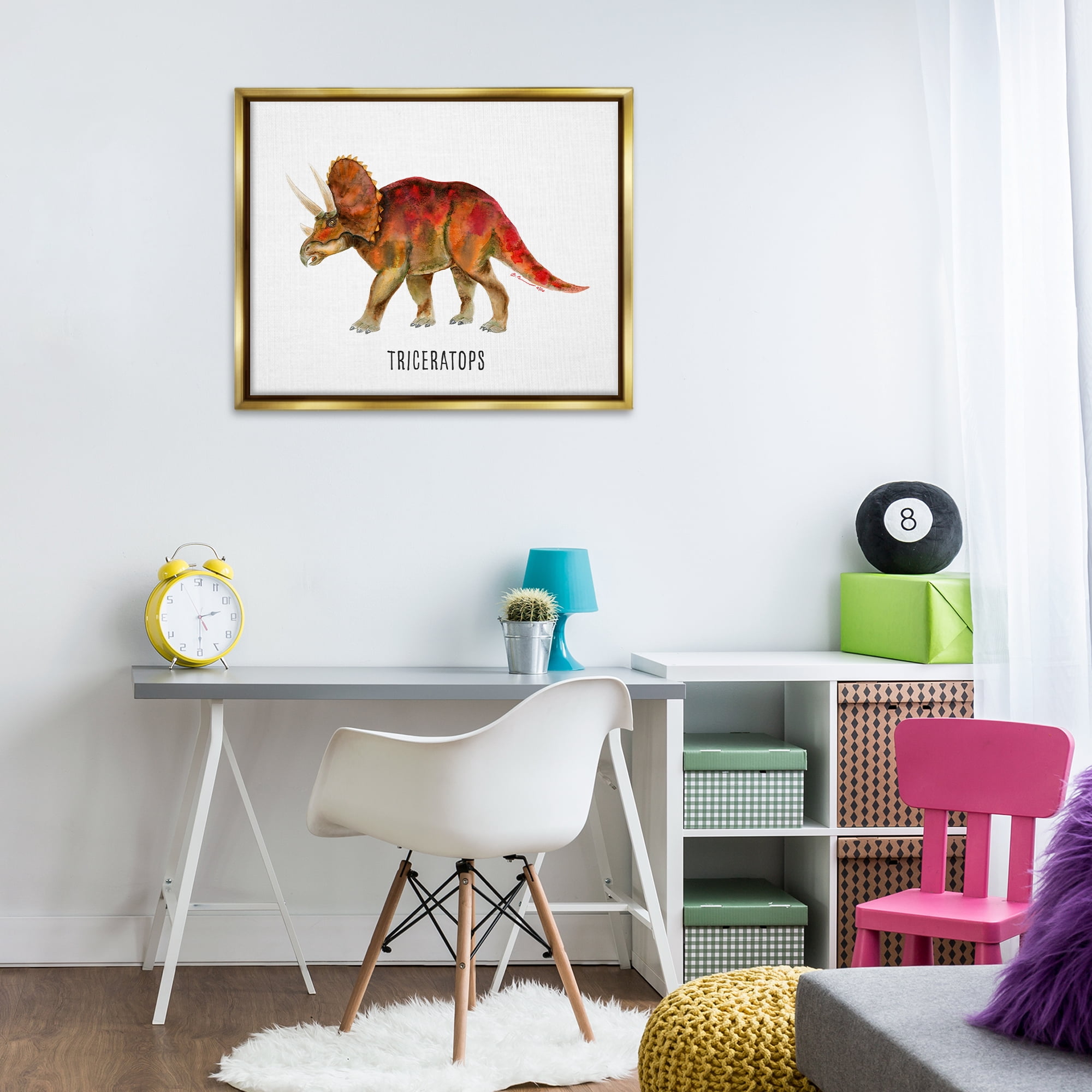 Stupell Industries Triceratops Dinosaur Learning Animals Painting Gold Floater Framed Canvas Art Print Wall Art, 31 x 25
