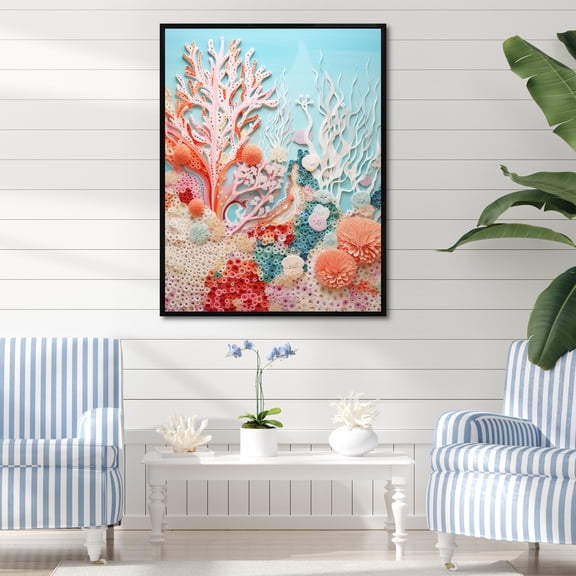 Designart "The Impressionistic Coral Reef Barrier I" Coastal Coral Under Water Floater Framed Canvas Wall Art