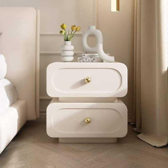 Minimalist Modern Bedside Table, Cream Finish Solid Wood Nightstand, Lightweight Luxury 2-Drawer Storage for Bedroom