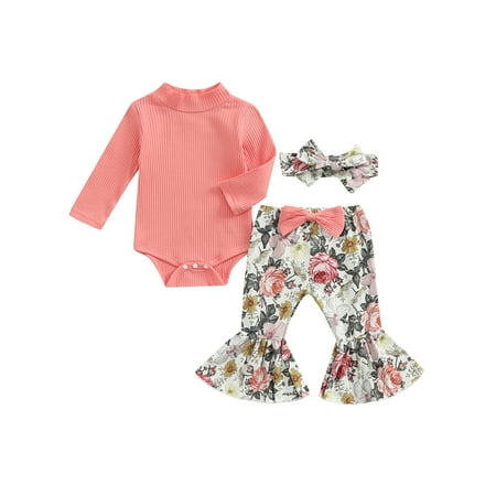 

jaweiwi Baby Girls 3PCS Romper Clothes Set Long Sleeve High Collar Plain Ribbed Snap Romper + Floral Bow Long Flared Pants + Headband Size 0 6 9 12 18 M