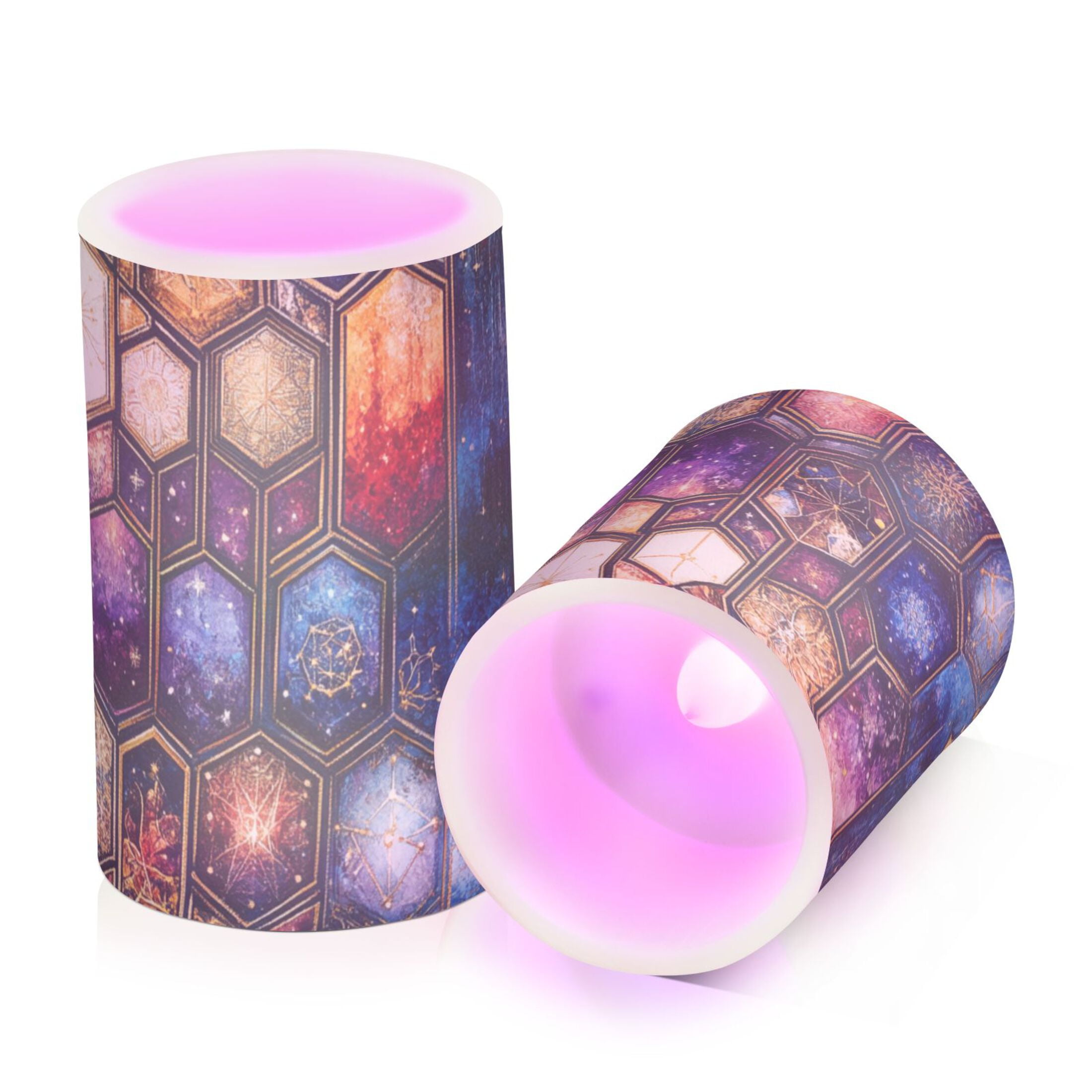 Galactic Hexagon Flickering Flameless Candles Battery Operated with Remote Timer LED Pillar Candles Set of 2