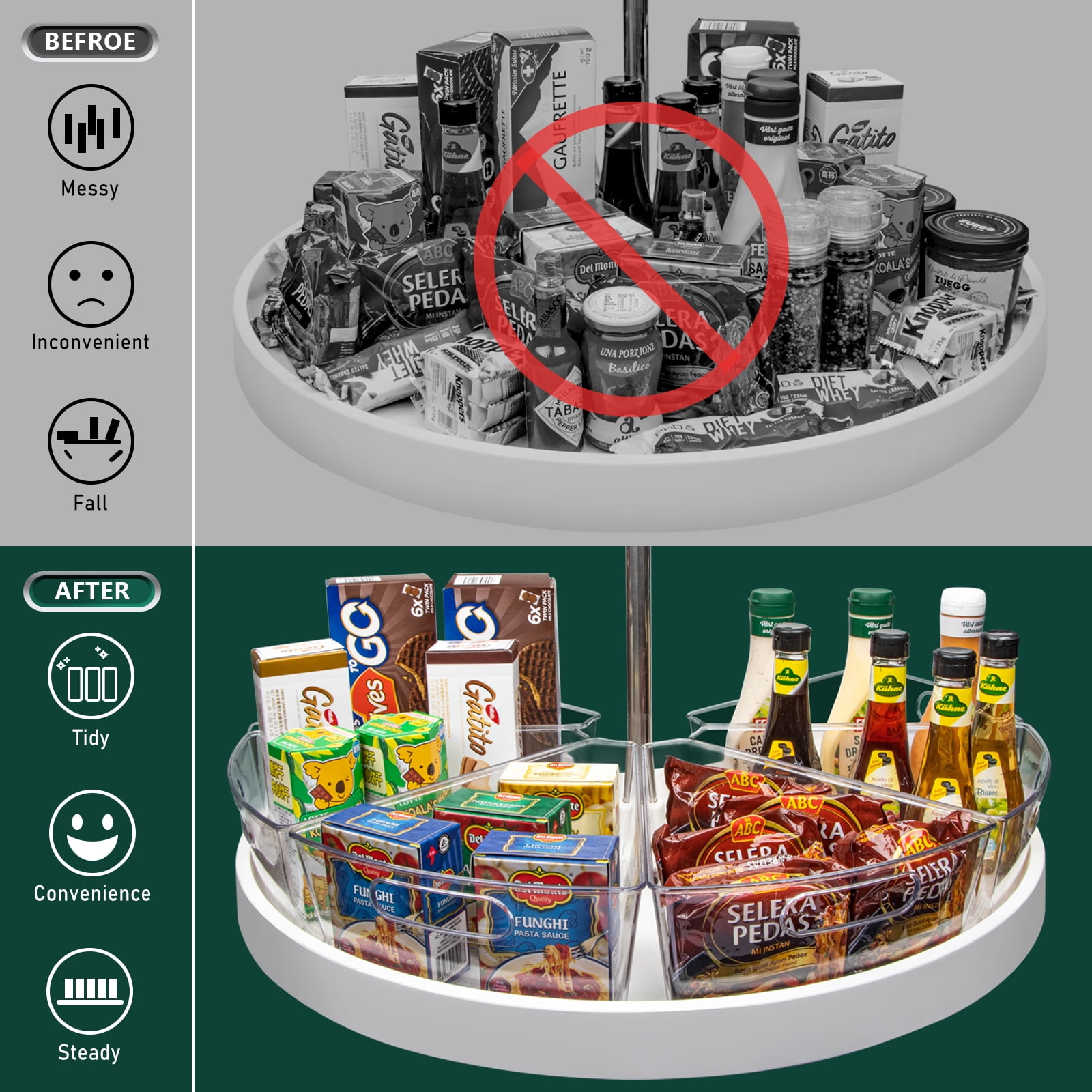 Lazy Susan Cabinet Organizer Bins for 26"/ 28"/ 32" Diameter Corner Organizer, Plastic Cabinet Storage Bin, 1/8 Wedge - Food Safe, BPA Free, with Non-Slip Pads (for 26" Diameter, 4 Pack)