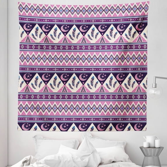 Aztec Tapestry, Retro Nordic Style Nighttime Composition Repetition, Fabric Wall Hanging Decor for Bedroom Living Room Dorm, 5 Sizes, Multicolor, by Ambesonne