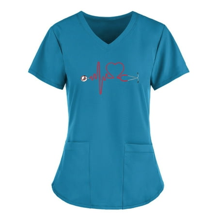 

Women Scrubs Top Nurses Clothing Working Uniform Top Care Workwear Short Sleeve V-Neck Tops T-Shirts
