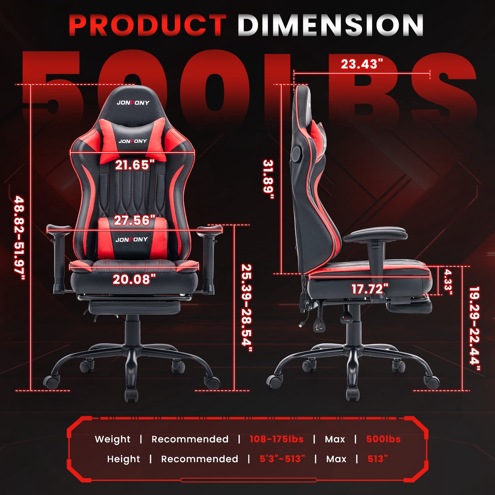 JONPONY Big and Tall 500lbs Gaming Chair with Bluetooth Speakers, Gamer Chair with Footrest and Lumbar Support & 360-Swivel Seat, Ergonomic Gamer Chair with Headrest, Red