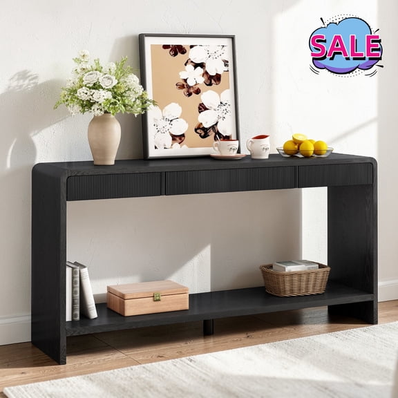 Hassch 59 Inch Long Console Table with 3 Drawers, 2-Tier Entryway Table with Open Shelves for Foyer, Hallway, Living Room, Black