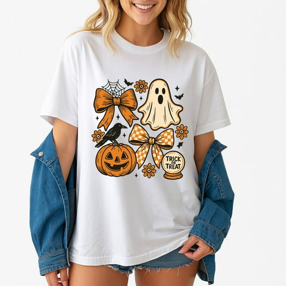 Floral Fall Pumpkin Bow T-Shirt – Halloween & Autumn Theme – Seasonal Unisex Wear