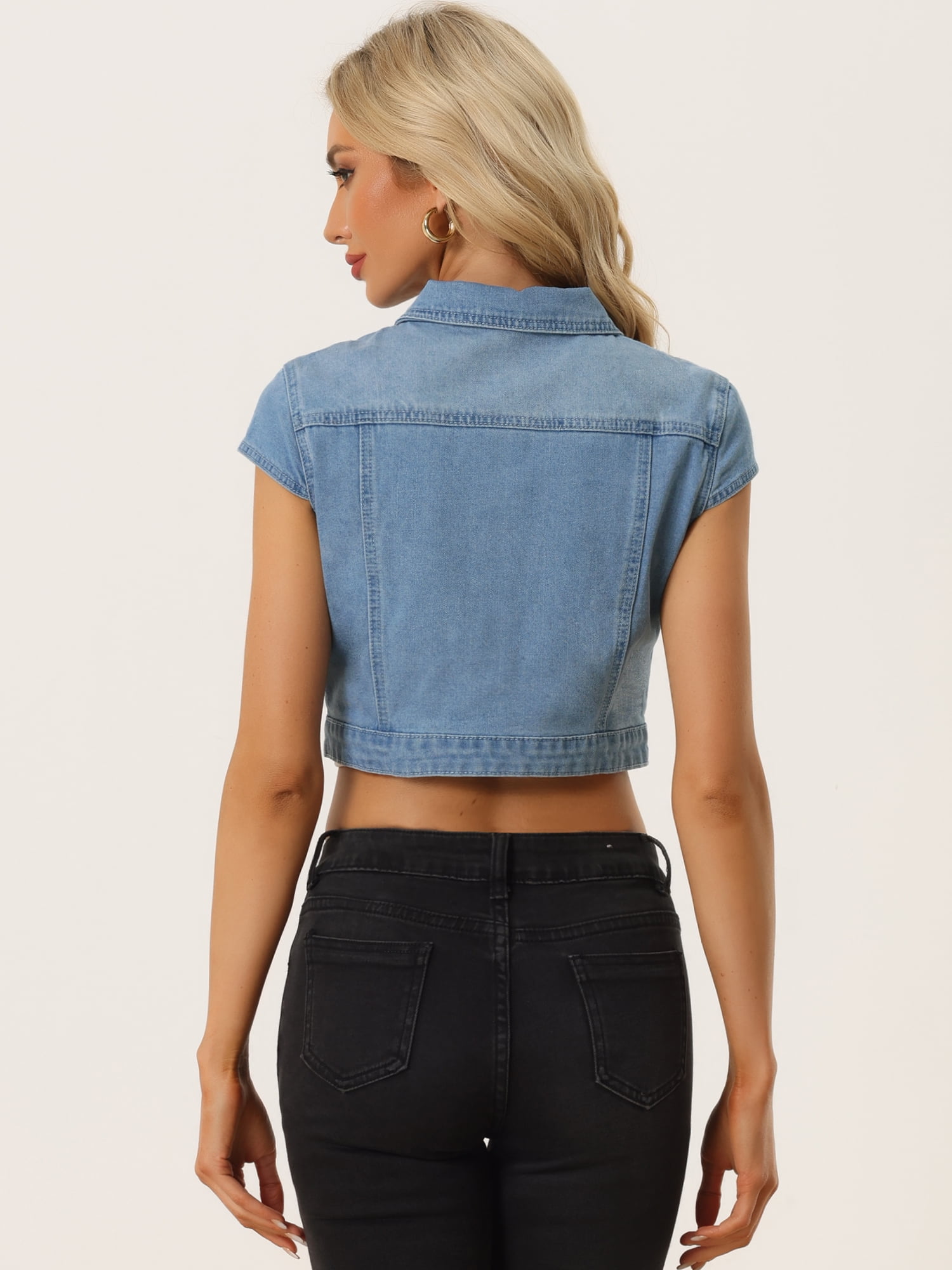 DARING DIVA Women's Cap Short Sleeve Cropped Denim Jacket L Light Blue