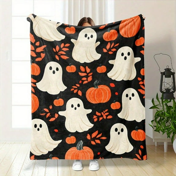 Kuscheln Cute Spooky Ghost Pumpkin Bat Blanket, Cozy Flannel Halloween Blanket, All-Season Contemporary Throw For Home, Office, Camping, Halloween Decorations