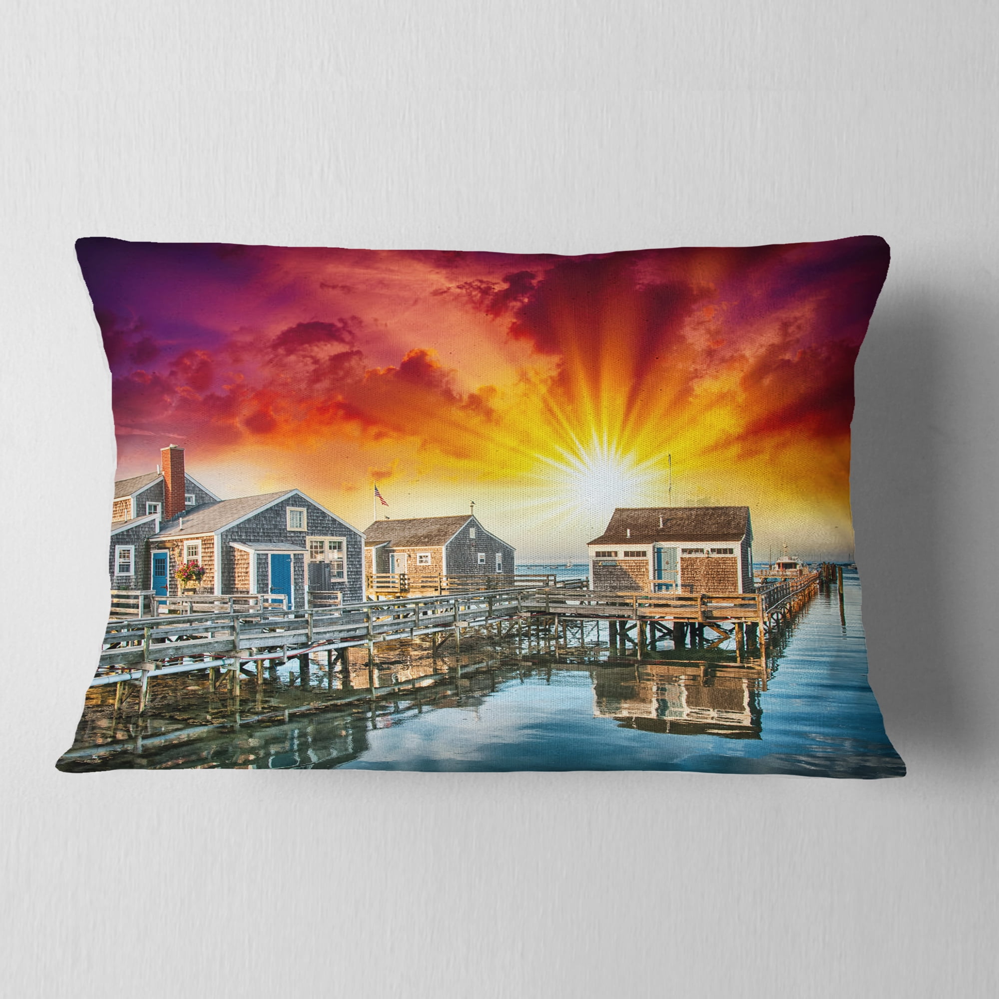 Designart Wooden Homes at Sunset - Landscape Photo Throw Pillow - 12x20