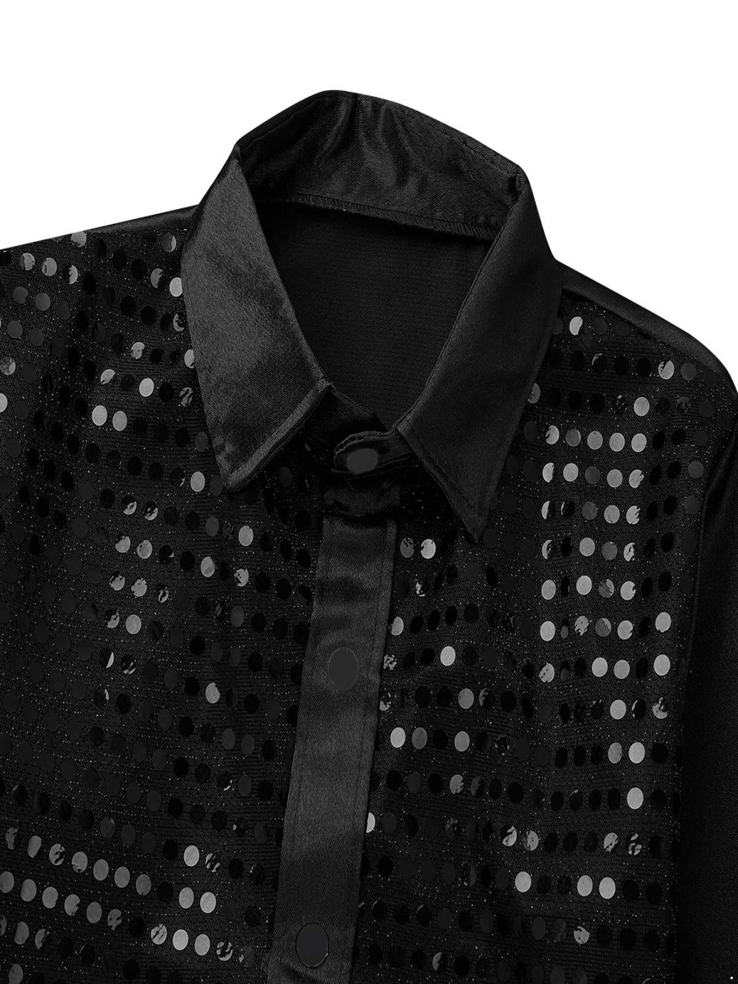 YEAHDOR Kids Boys Sparkly Sequins Lapel Collar Shirt Long Sleeve Tops for Jazz Latin Dance Performance Black 7-8 - image 3 of 7