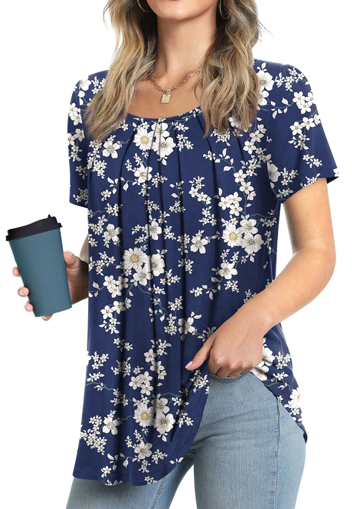 Fantaslook Women's Pleated Short Sleeve Floral Tunic Blouse photo 2