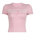 thumbnail image 1 of Camiseta informal dulce para mujer, de manga corta, cuello redondo, básica, con ribete de encaje rosa, cuello redondo, nuevo estilo, 1 of 4