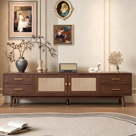 Bbbnuuiy 70" Brown TV Stand, ample space for TV up to 80", Mid-Century Modern Television Stand with Power Outlet, 2 Cabinets and 4 Drawers