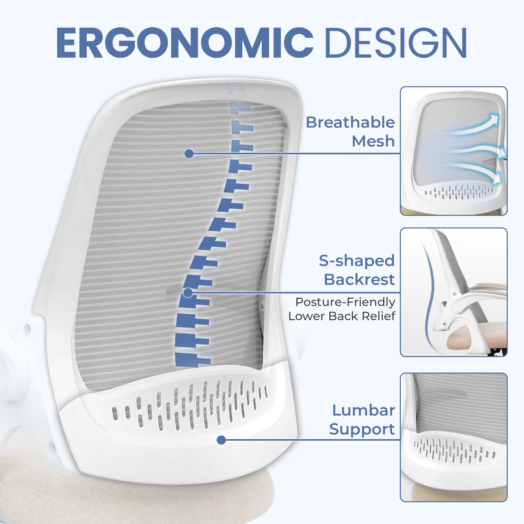 CELTOSS Ergonomic Office Chair, Flip-Up Arms, Adjustable Lumbar Support, Beige