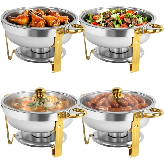 PRIJESSE 6QT Chafing Dishes for Buffet 4 PACK, Round Catering Food Warmer for Wedding, Birthday Gold Chafing Dishes