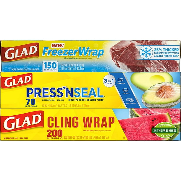 Glad Plastic Food Wrap Variety Pack Press N Seal Wrap Freezerwrap Clingwrap Pack Of 3 Package May Vary Walmart Com Walmart Com