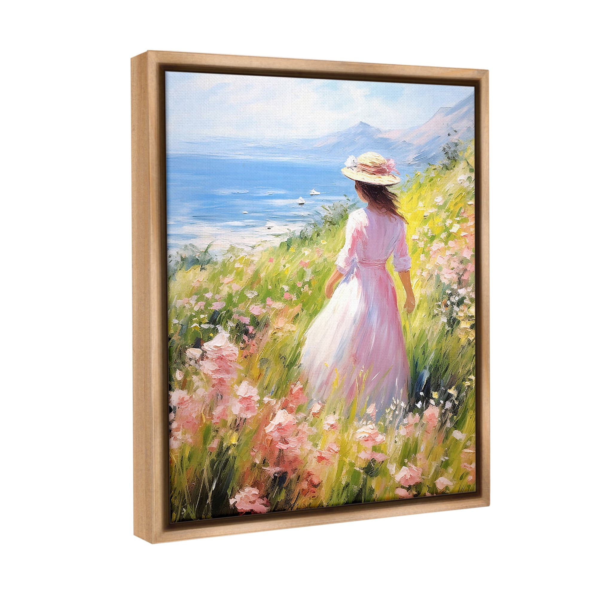 Stupell Industries Woman & Scenic Beach Landscape Painting Brown Floater Framed Canvas Art Print Wall Art, 25 x 31