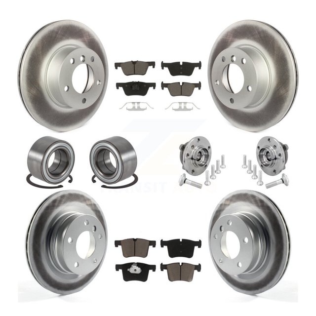 Transit Auto Front Rear Wheel Hub Bearing Assembly Coated Disc Brake Rotor and Ceramic Pads Shoe Kit (10Pc) for Car 2017-2020 BMW 230i xDrive Without Blue Painted Calipers - Left Right Side KBB-133007