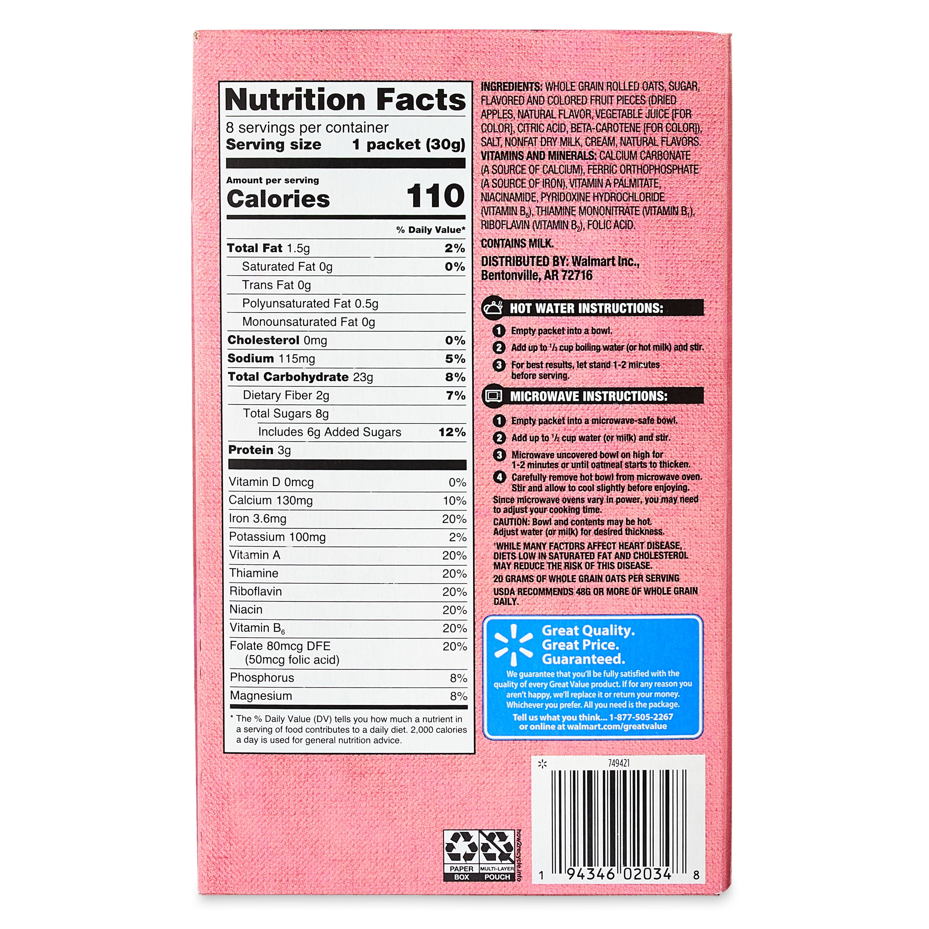 Great Value Strawberries and Cream Instant Oatmeal, 1.05 oz, 8 Count