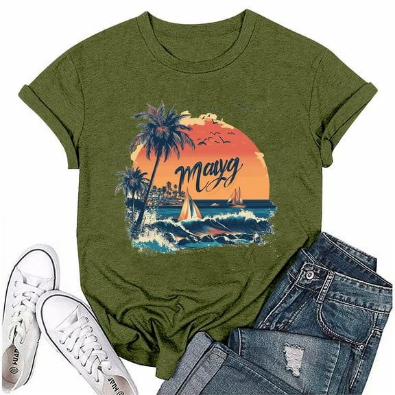 NAMTYQX Fall Shirts for Women 2025 mit Print Plus Size Short Sleeve Soft Comfy Cute Print Crewneck Stretchy Womens Graphic Tees Army Green Size L